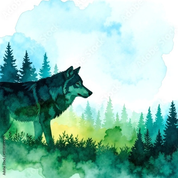Obraz A majestic wolf stands alert in a serene forest, surrounded by tall, lush trees, with dappled sunlight filtering through the leaves above.