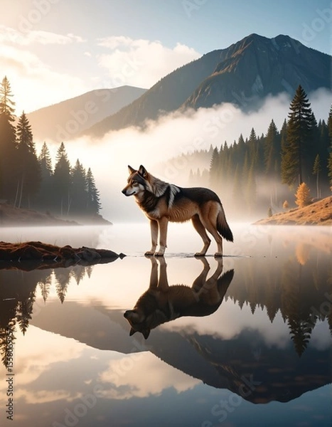 Obraz A majestic wolf stands alert at the edge of a serene lake, its fur glistening in the sunlight, surrounded by lush greenery and distant mountains.
