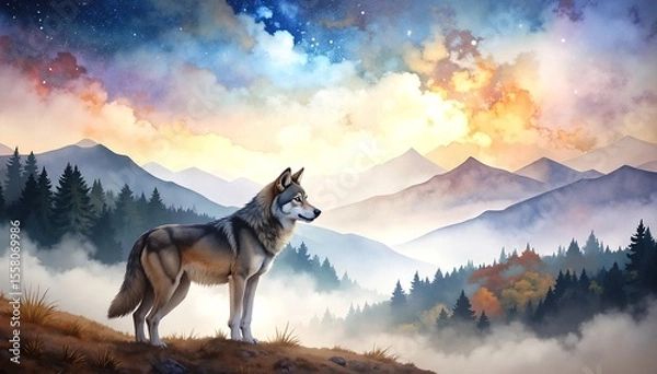 Obraz A majestic wolf stands proudly atop a grassy hill, its fur glistening in the sunlight, with a panoramic view of a lush forest stretching below.
