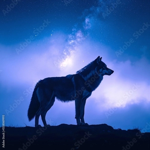 Obraz A majestic wolf stands proudly atop a grassy hill, its fur glistening in the sunlight, surrounded by a breathtaking landscape of rolling hills and distant trees.