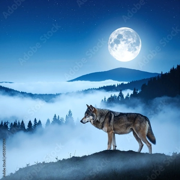 Obraz A majestic wolf stands proudly atop a grassy hill, its fur glistening in the sunlight, with a panoramic view of a lush forest stretching below.