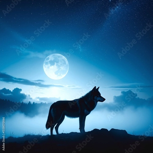 Obraz A majestic wolf stands proudly atop a grassy hill, its fur glistening in the sunlight, surrounded by a breathtaking landscape of rolling hills and trees.