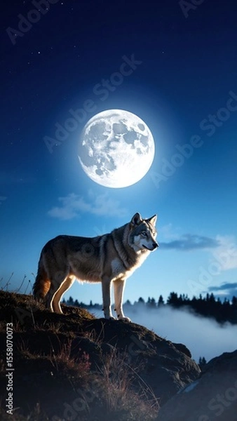 Obraz A majestic wolf stands proudly atop a grassy hill, its fur glistening in the sunlight, with a breathtaking landscape of mountains and trees in the background.