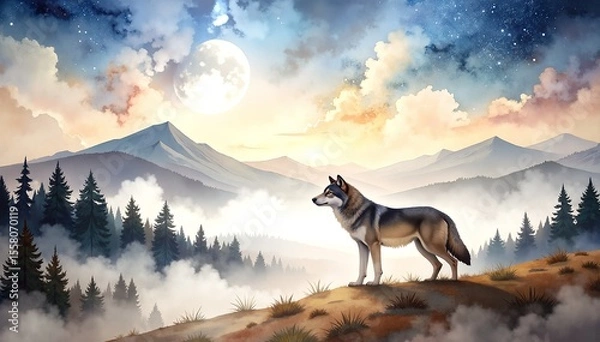 Obraz A majestic wolf stands proudly atop a grassy hill, its fur glistening in the sunlight, with a panoramic view of a lush forest stretching below.