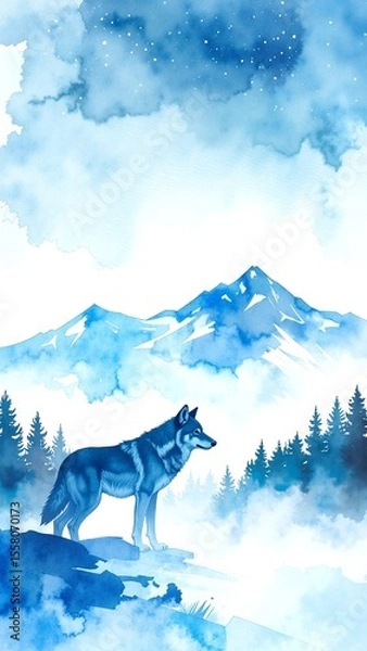 Obraz A majestic wolf stands proudly atop a rugged mountain peak, its fur glistening in the sunlight, overlooking a breathtaking valley below.