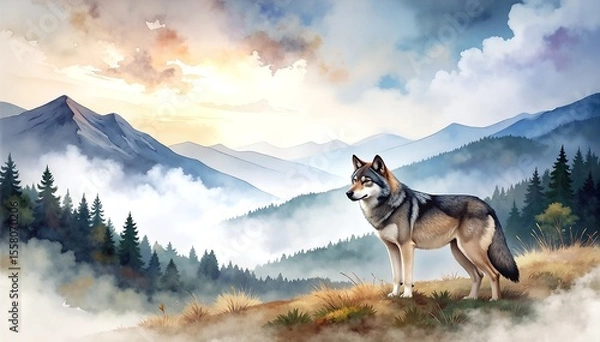 Obraz A majestic wolf stands proudly atop a rugged mountain peak, its fur glistening in the sunlight, overlooking a breathtaking valley below.