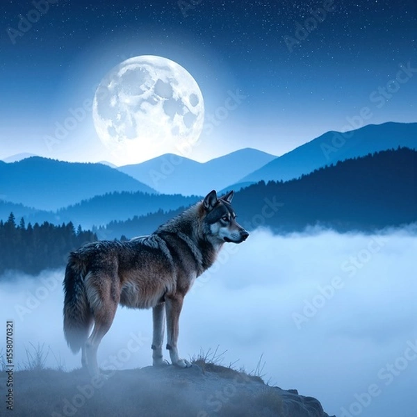 Obraz A majestic wolf stands proudly atop a rugged mountain peak, its fur glistening in the sunlight, with a breathtaking panoramic view of valleys below.