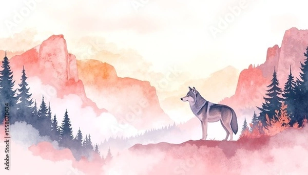 Obraz A majestic wolf stands proudly atop a rugged mountain peak, its fur glistening in the sunlight, overlooking a breathtaking valley below.