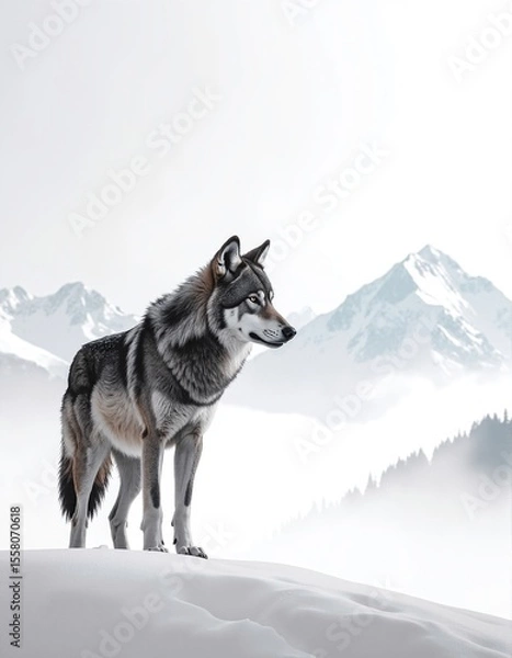 Obraz A majestic wolf stands proudly atop a snow-covered hill, its thick fur glistening in the sunlight, surrounded by a serene winter landscape.