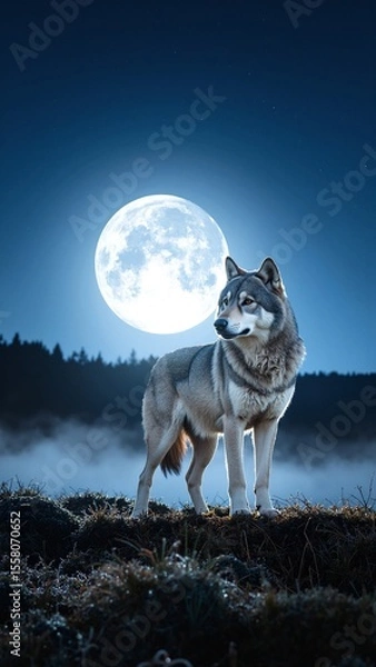 Obraz A majestic wolf stands proudly atop a lush green grass hill, illuminated by the soft glow of a full moon in a clear night sky.