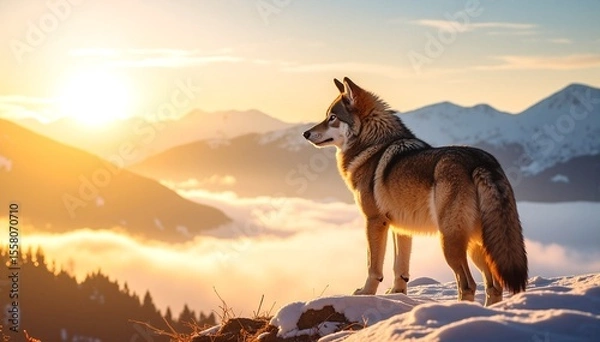 Obraz A majestic wolf stands proudly atop a snow-covered mountain peak, its thick fur glistening in the sunlight, surrounded by a breathtaking winter landscape.