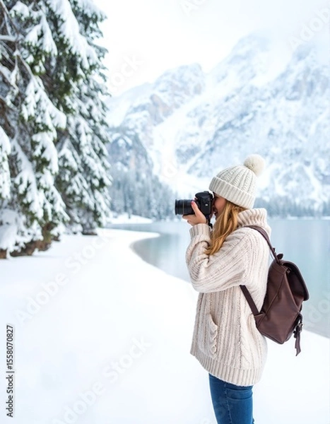 Obraz A woman in a warm jacket captures stunning photos of majestic snow-covered mountains, surrounded by a serene winter landscape under a clear blue sky.
