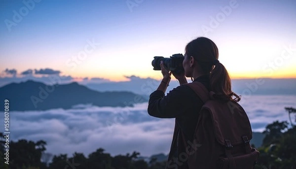 Obraz A woman stands on a grassy hill, capturing stunning cloud formations with her camera, her hair gently swaying in the breeze as she smiles.