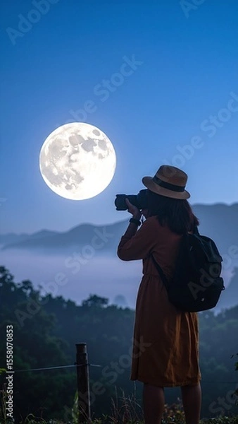 Obraz A woman stands on a serene hillside at night, capturing stunning images of the full moon with her camera, surrounded by twinkling stars.