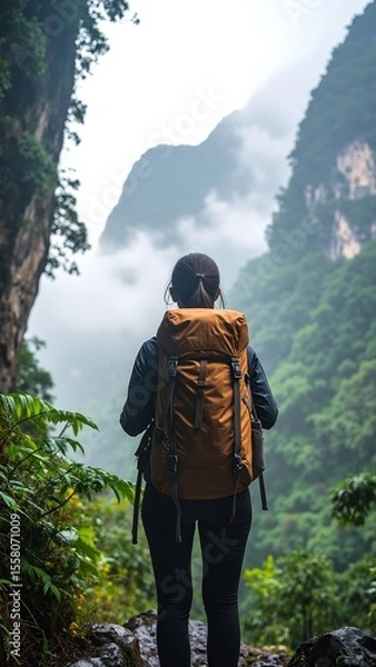 Obraz A determined woman with a vibrant backpack ascends a rugged mountain trail, surrounded by lush greenery and breathtaking panoramic views.