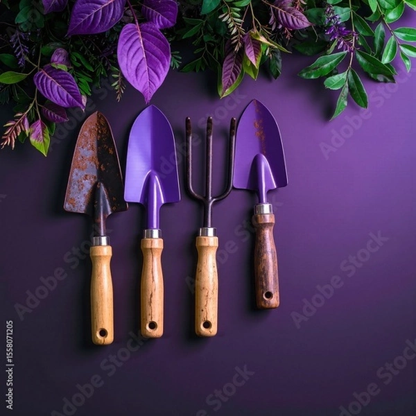 Obraz A vibrant purple wall serves as a striking backdrop, adorned with lush green leaves that cascade gracefully, creating a harmonious blend of color and nature.
