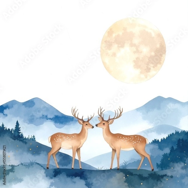 Obraz Two graceful deer stand side by side in a lush green meadow, their ears perked up, surrounded by vibrant wildflowers under a clear blue sky.