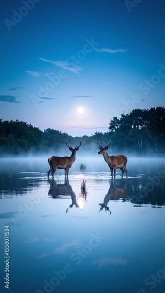 Obraz A pair of graceful deer wade through a serene lake, their reflections shimmering on the water's surface as they gently sip from the cool, clear depths.