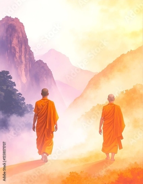 Obraz Two serene monks in traditional robes stroll along a winding mountain path, surrounded by lush greenery and towering peaks under a clear blue sky.
