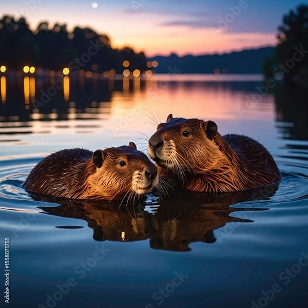 Obraz Two playful otters float side by side in a serene, shimmering lake, their sleek fur glistening in the sunlight as they splash and frolic joyfully.