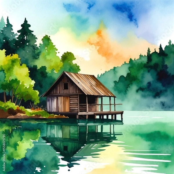 Obraz A serene watercolor painting depicting a cozy cabin nestled by a tranquil lake, surrounded by lush trees and soft reflections on the water's surface.