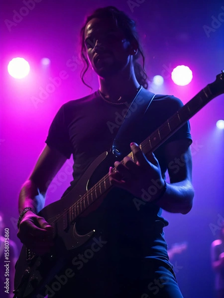 Obraz Man playing guitar in a music studio with focus on his hands and strings