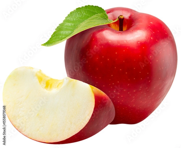 Obraz Red Apple isolated on white background, Fresh Red Apple with leaf on white background, With clipping path PNG file.
