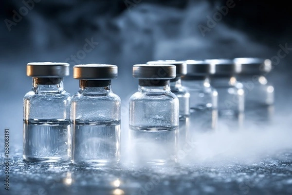 Fototapeta Medical Action Vaccine Vials in Laboratory Setting with Fog and Shadows