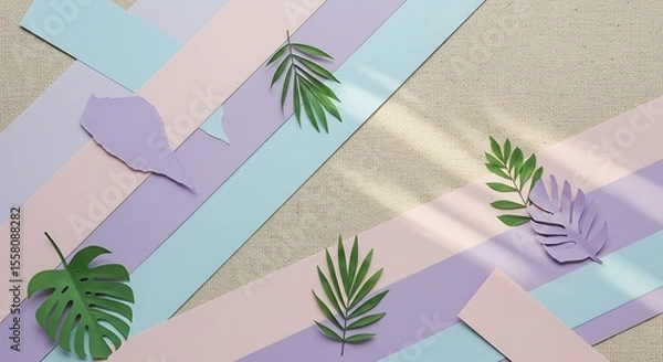 Fototapeta Pastel Paper Strips with Green Leafy Shapes on Textured Background