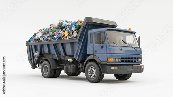 Fototapeta A dump truck is full of trash. The truck is yellow and has a large open dump bed. The trash is piled high and he is a mix of different materials. Concept of waste and pollution