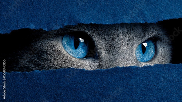 Fototapeta A cat with blue eyes is peeking out from behind a blue curtain. The image has a mysterious and curious mood, as the cat's gaze is directed towards the viewer