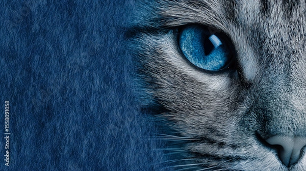 Fototapeta A cat with blue eyes is peeking out from behind a blue curtain. The image has a mysterious and curious mood, as the cat's gaze is directed towards the viewer