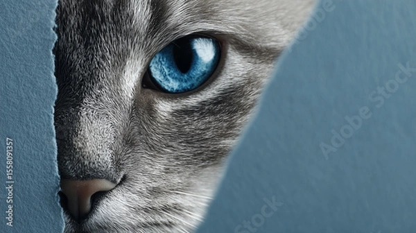 Fototapeta A cat with blue eyes is peeking out from behind a paper. The cat's eyes are the main focus of the image, and the blue color of the eyes adds a sense of curiosity and playfulness to the scene