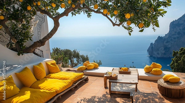 Fototapeta A beautiful view of the ocean with a yellow patio set. The patio is filled with potted plants and a few chairs