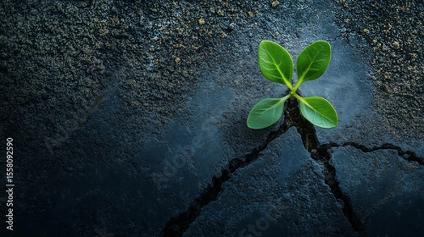 Fototapeta A small green plant is growing in the middle of a rocky, cracked ground. The plant is surrounded by a barren landscape, with no other vegetation in sight. Concept of resilience and hope