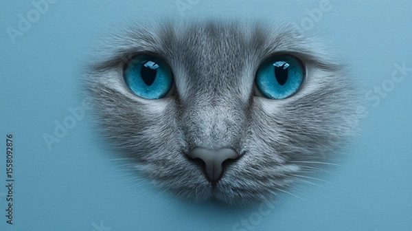 Fototapeta A cat with blue eyes is peeking out from behind a paper. The cat's eyes are the main focus of the image, and the blue color of the eyes adds a sense of curiosity and playfulness to the scene