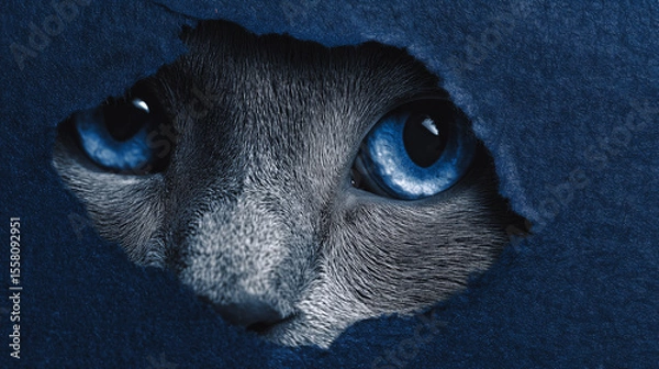 Fototapeta A cat with blue eyes is peeking out from behind a blue curtain. The image has a mysterious and curious mood, as the cat's gaze is directed towards the viewer