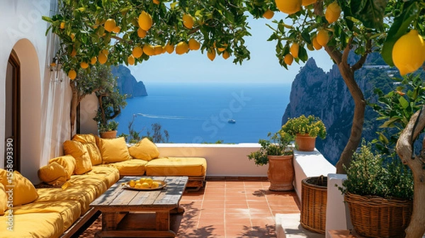 Fototapeta A beautiful view of the ocean with a yellow patio set. The patio is filled with potted plants and a few chairs