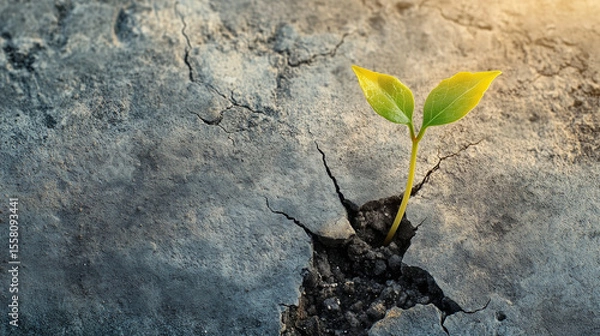 Fototapeta A small green plant is growing in the middle of a rocky, cracked ground. The plant is surrounded by a barren landscape, with no other vegetation in sight. Concept of resilience and hope