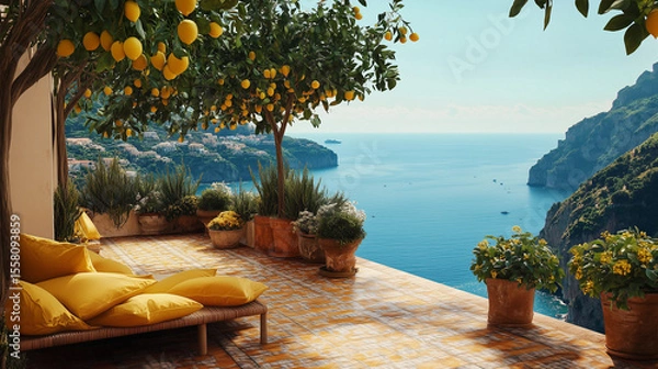 Fototapeta A beautiful view of the ocean with a yellow patio set. The patio is filled with potted plants and a few chairs