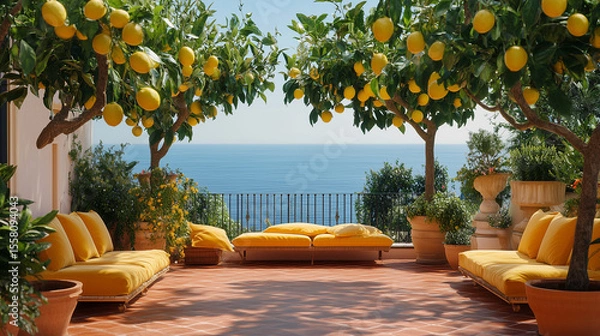 Fototapeta A beautiful view of the ocean with a yellow patio set. The patio is filled with potted plants and a few chairs