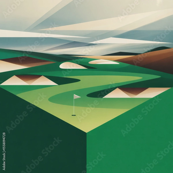 Obraz Abstract golf landscape: central emerald cube, geometric sand/brown fairways/bunkers. Minimalist ball/flagstick inside. Muted blue/gray sky, diffused light.