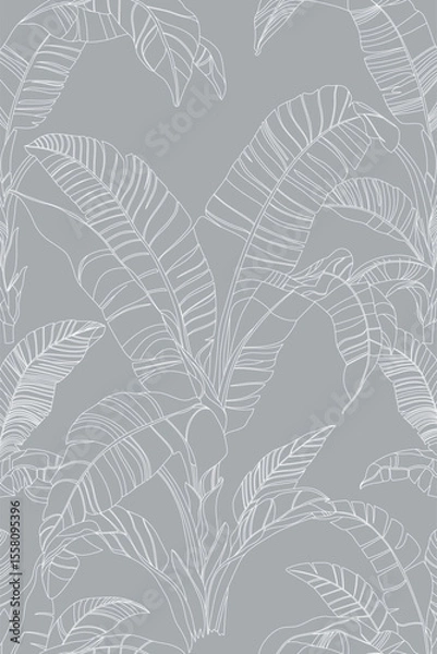 Fototapeta White outline banana leaves arranged in a seamless vector pattern over a plain gray backdrop, suitable for wallpaper or fabric, vector and illustration.
