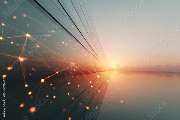 Fototapeta Digital network grid structure with glowing interconnected points and sunrise reflection, symbolizing advanced connectivity in modern technology and innovation