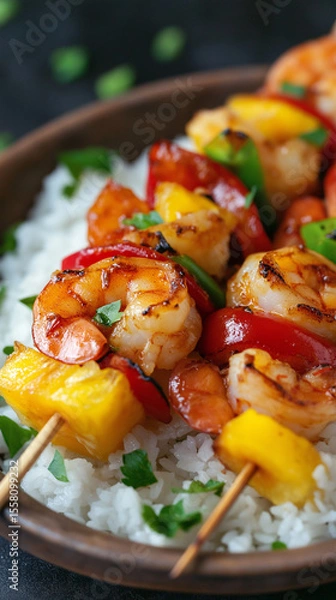 Fototapeta Grilled shrimp skewers with pineapple and peppers vertical