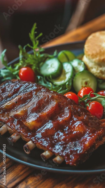 Fototapeta BBQ ribs with biscuit and salad vertical