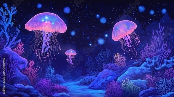 Fototapeta Whimsical underwater illustration featuring glowing jellyfish, seashells holding stars and galaxies, and colorful coral forests, portraying a fantasy ocean filled with magical cosmic dreamlight 