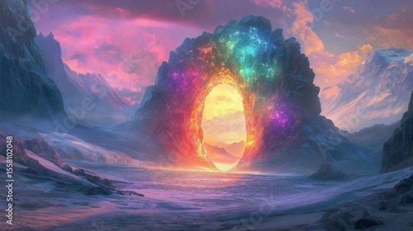 Fototapeta Vivid fantasy illustration of a glowing portal in a multicolored desert, each side showing a different season—spring blossoms, summer sun, autumn leaves, winter snow—blending nature in magical unity