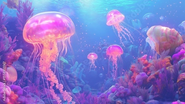Fototapeta Surreal underwater fantasy scene with glowing pastel jellyfish, giant seashells containing miniature galaxies, and coral forests lit by neon waves, illustrating magical harmony between sea and cosmos