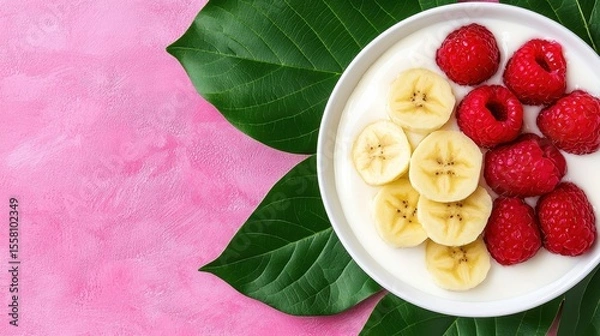 Fototapeta Yogurt with Bananas and Raspberries on Pink Background